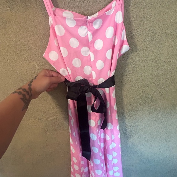Strappy dress pink with white polka dots and black option tie belt - Picture 6 of 8